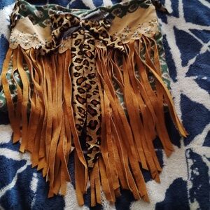 One of a kind fringe purse with leopard and green pattern shoulder bag.